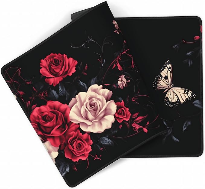 Floral Aesthetic Rose Gaming Mouse Pad, Black Red Gothic Desk Mat with Anti-Slip Base & Stitched Edges, Office & Home Desk Decor for Women, 35.4" x 15.7" in Computer Desktop Mat