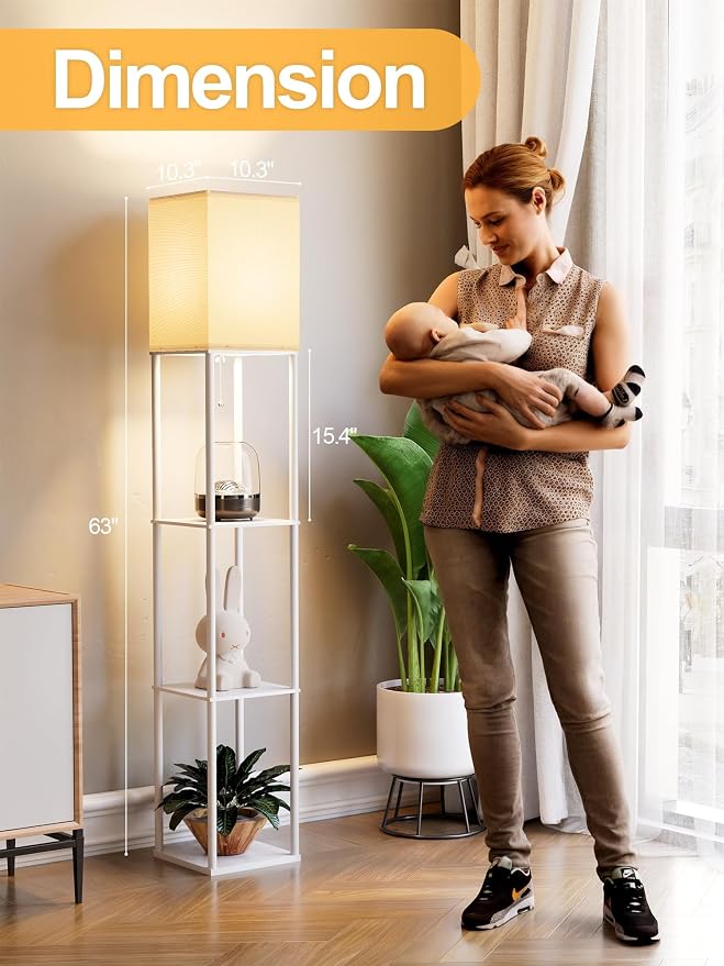 Floor Lamp with Shelves for Living Room 2 Pack, Shelf Floor Lamp with 3 CCT LED Bulb, Corner Display Standing Column Lamp Etagere Organizer Tower Nightstand with White Linen Shade for Bedroom, White