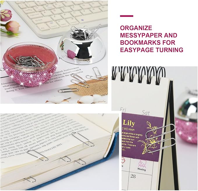 MultiBey Bling Pink Rhinestone Desk Accessories Set, 4 Pcs | Crystal Office Stationery Kit with Drawer Organizer, Paper Clip Holder, Scissors & Diamond Pen Desktop Decor & Gift for Women