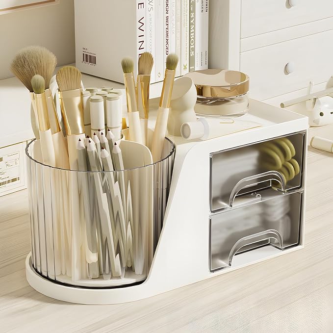 360 Degree Rotating Pencil Pen Holder for Desk , Cute Desk Pen Organizers Desktop Storage Stationery Supplies Cup Pot for Office School Home Art Supply Accessories Caddy Makeup Brush Holder White