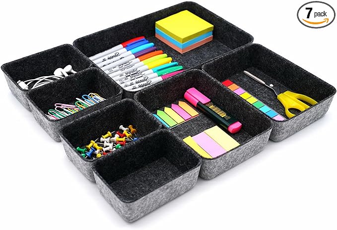 7pc Shallow Felt Desk Drawer Organizers Trays Charcoal Storage Bins