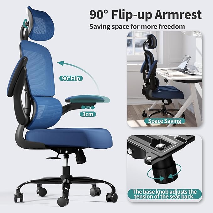 TRALT Office Chair Ergonomic Desk Chair - Gaming Chair with Lumbar Support | 330 LBS Home Office Desk Chairs with Headrest, Reading Chair with Flip-up Armrests, Comfortable Computer Chairs (1, Blue)