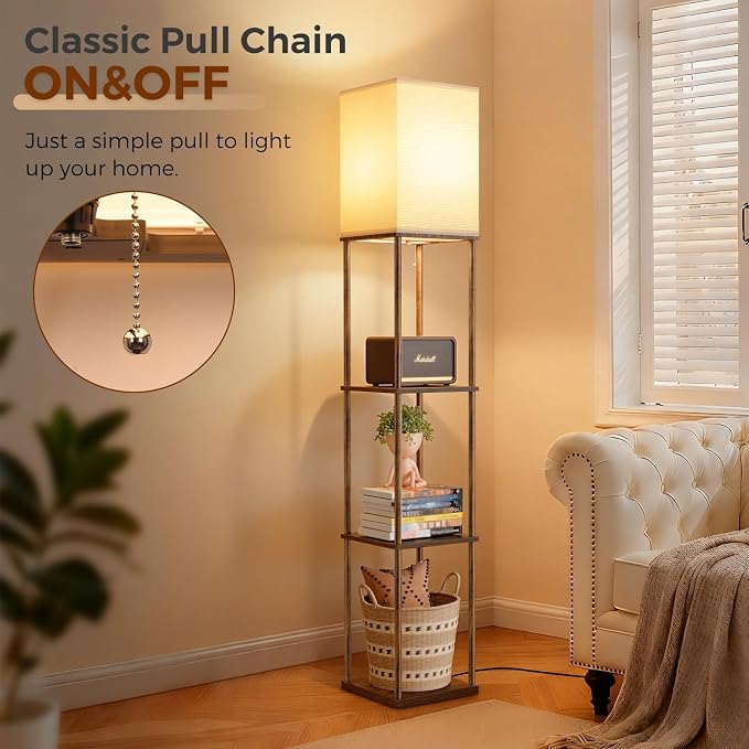 Floor Lamp with Shelves, 3-Tier Square Bookshelf Standing Lamp Rustic Brown | 3 Color Temperature Bulb Included, Modern Pull Chain Tall Lamp for Living Room Bedroom Corner Office Apartment Decor