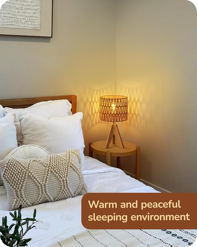 EDISHINE Rattan Small Table Lamp, Boho Nightstand Lamp, 14.2", E26 Base | Natural Style, Wood Tripod Base, Rosewood Color & W-Pattern Shade, Bedside Lamp for Living Room, End Table, Office