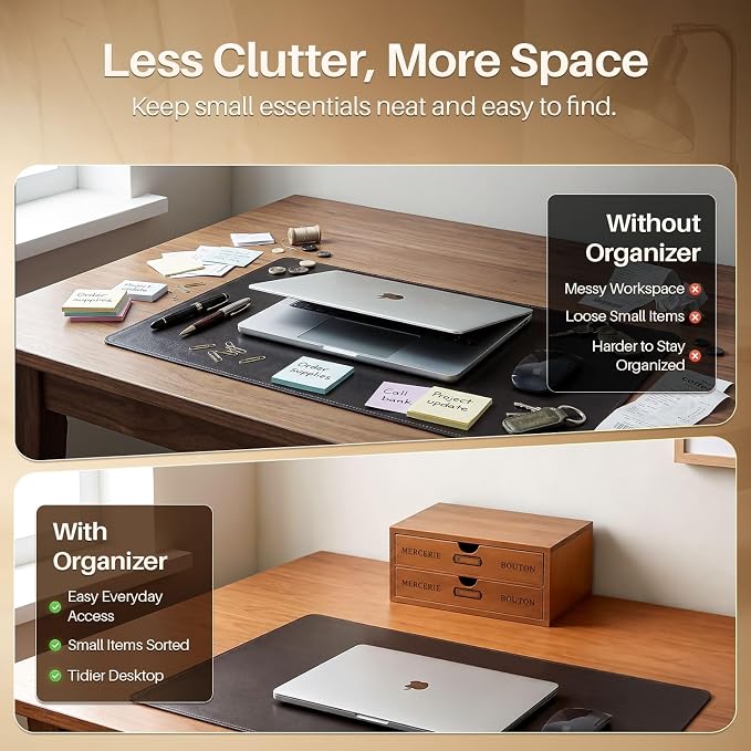 Flexzion Wooden Storage Box with 2 Drawers, Vintage Desktop Organizer | Compact Desk Organizer with Drawers for Office Supplies, Mail, Crafts and Vanity Items; 9.6 X 6.6 X 4.9 In; Fully Assembled