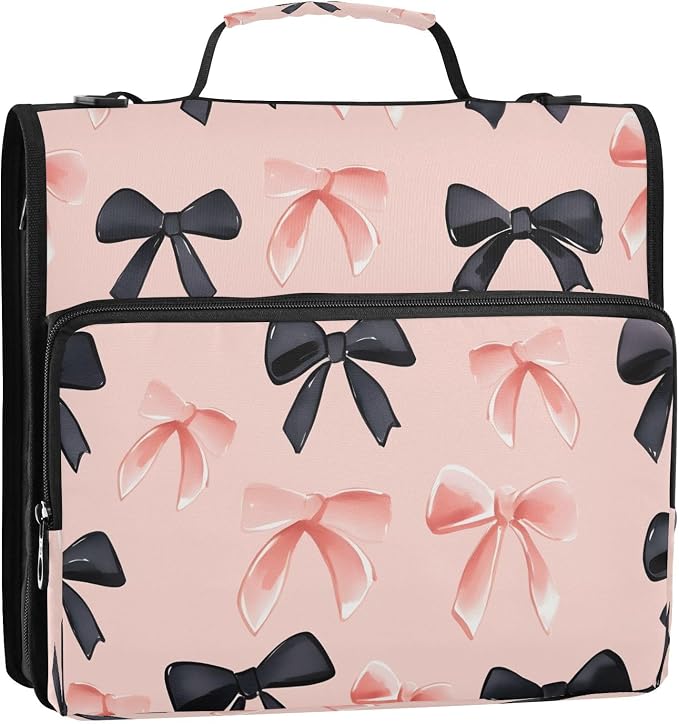 ALAZA Zipper Binder 3 Ring Pink Black Bows Pattern Binder Organizer with Zipper and Shoulder Strap Large Capacity Multi-Pocket Trapper Keeper File Folder for Office Supplies