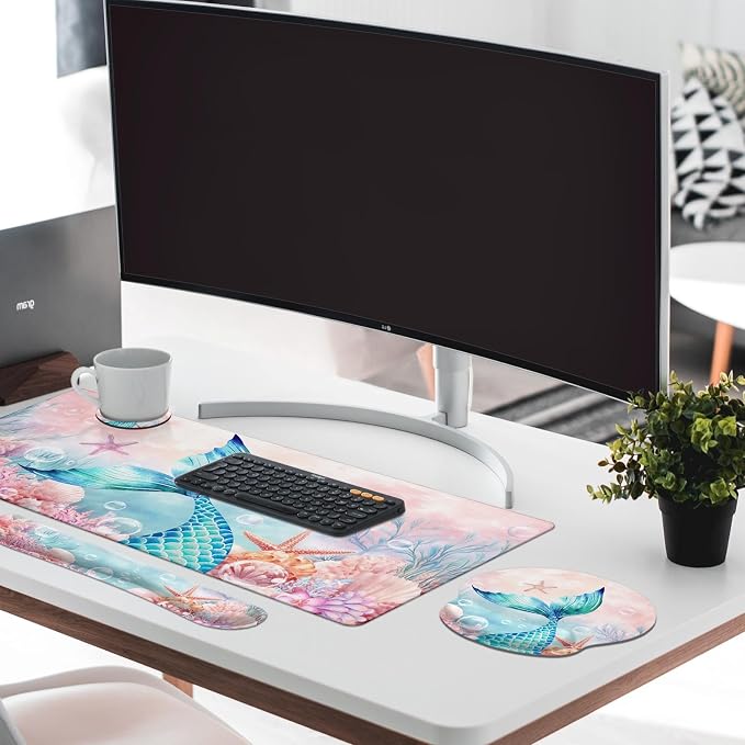 Keyboard Mouse Pad Set, 4 in 1 Desk Mat Set, Mermaid Pink Cute | Large Mousepad+Keyboard Wrist Rest+Mouse Wrist Rest+Coaster Ergonomic Design for Home Office Computer