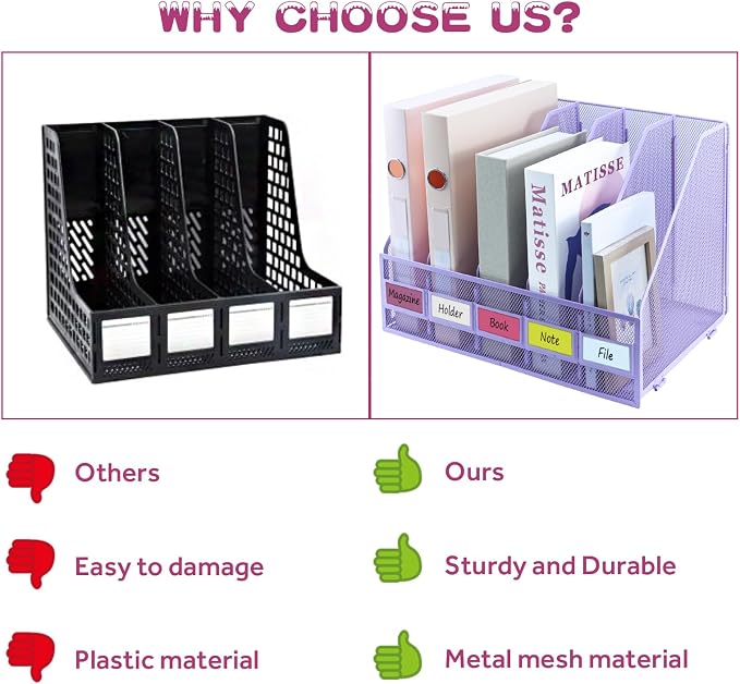 Desk Organizers, Metal Magazine File Holder with 5 Vertical Compartments Rack Binder File Organizer for Office Supplies, Home Workspace - Purple