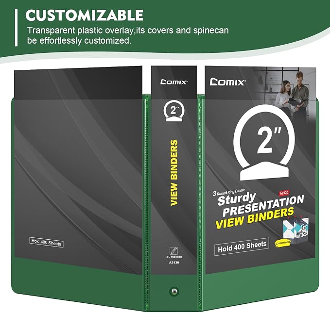 COMIX Sturdy 2 Inch 3 Ring Binder with Clear View Cover | 2"Heavy Duty Round Ring,PVC-Free Board,Holds 450 Letter Sheets,Wholesale for Offices & Classrooms,6 Pack (Green)