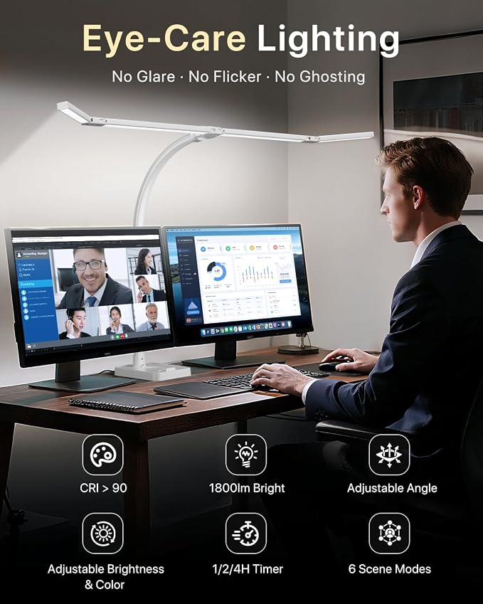 ONEMIX LED Desk Lamp with Base, 42-Inch 4-Panel Light for Dual Monitors | 1800 Lumens, 4 Adjustable Panels, 5 Color Temps, 5 Brightness Levels, Remote, Timer, Flicker-Free for Home Office