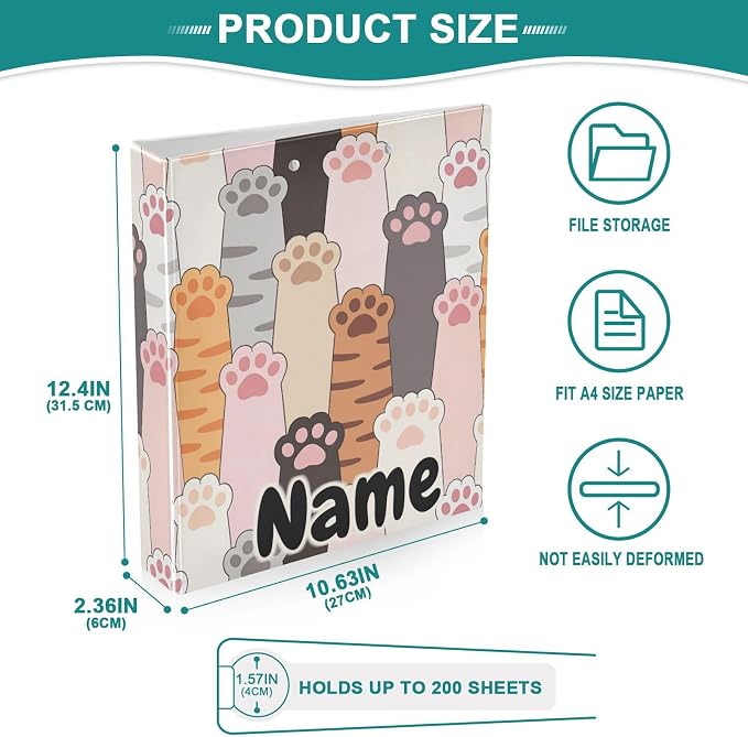 Custom 3 Ring Binder Cat Paw Prints 1.5" Round Ring Binders Personalized Name View Binder with 200 Sheet for Kids School Supplies Women Men Office, 1 Pack