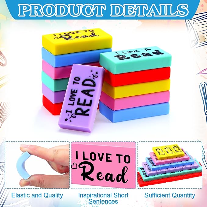 Dunzoom 300 Pcs Inspirational Erasers for Kids Back to School Gifts I Love to Read Small Colorful Pencil Erasers for Students Classroom Cute Motivational Gift for Drawing School Office Supplies