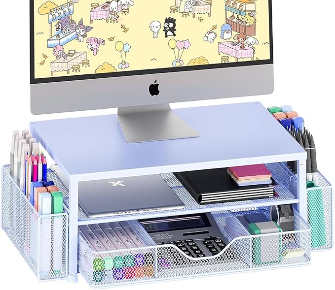 Desk Organizers and Accessories, Computer Monitor Stand Riser with Drawer and 2 Pen Holders, Printer & Laptop Stand, Office Desk Accessories & Workspace Organizers for Home Office Supplies, Blue