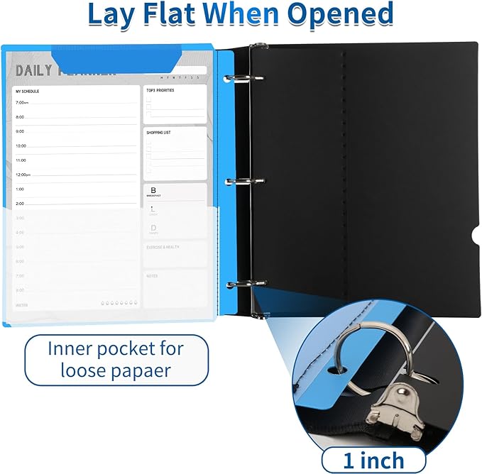 360 Degree Pivotable Binder, Upgraded 3 Ring Binder 1 inch, Flexible Binders 3 Ring, Foldable Three Ring Binders- Blue