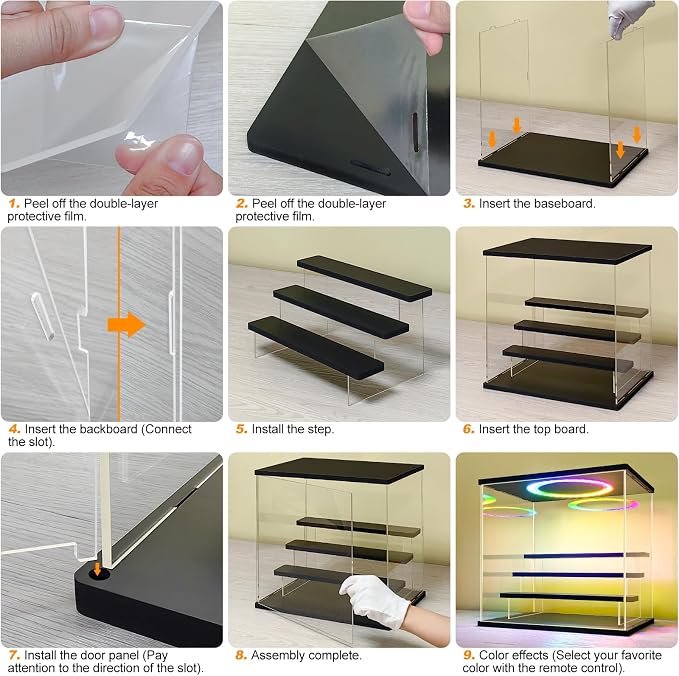 LANSCOERY Acrylic Display Case with RGBW Lights, 3 Tier Black | 11.8 x 6.3 x 9.4 in case displays small figures on desks or shelves with tiered rows and front access.