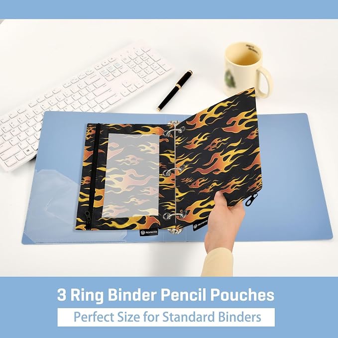 Yellow Orange Fire Flames Pencil Pouch for 3 Ring Binder, 2 Pack Waterproof Pencil Bags Clear Window Pencil Case Zipper School Office Supplies