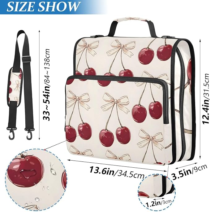 Cherry Pink Bow Cherries Zipper Binder Bag 3 Ring Binder with Shoulder Strap Zip Up 500 Sheets Capacity Multi Pockets for School Office Supplies