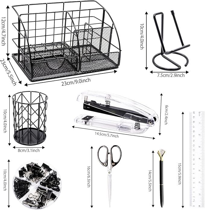 KAAKOW Black Desk Organizers and Accessories Office Supplies Set Stapler, Pen Holder, Phone Holder, Scissors, Pen, Ruler, 30 Paper Clips, 22 Binder Clip, 20 Tacks and 1000pcs Staples