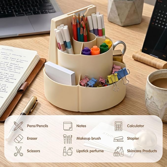360 Rotating Pen Holder for Desk with Checklist Routine Chart Pencil Organizer To Do List Planning Board with Slider Pen Organizer with 7 Slots Desk Organizers and Accessories for Office School Home