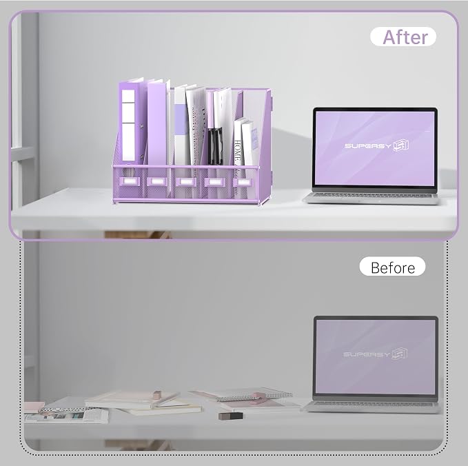 Desk Organizers Metal Desk Magazine File Holder with 5 Vertical Compartments Rack File Organizer for Office Desktop, Classroom, Home Workspace, Purple Plus