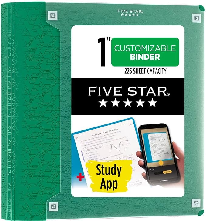 Five Star 3-Ring Binder + Study App, 6 Pack, 1 Inch Binder with D Rings and Customizable Clear View Cover, 225 Sheet Capacity, Assorted Colors (261440-23)