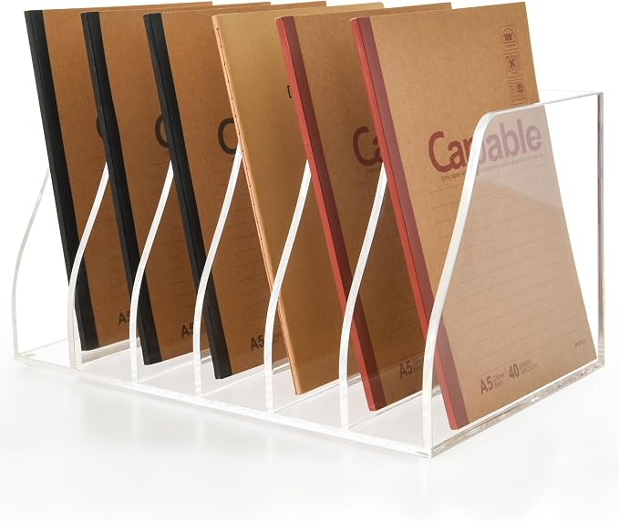 Acrylic Magazine File Holder, 6 Vertical Compartments Desk Document Sorter Organizer, Clear Folder Rack Binder for Office/Home/Classroom, for Documents, Tablet, Magazines, Books & Accessories