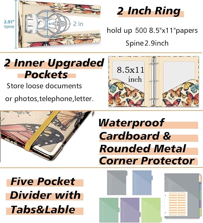 3 Ring Binder 2 Inch for 8.5"x11" Paper, Three Ring Binders with Clipboard, 5 Dividers with Tabs and Pockets, Decorative Binder with Pen Holder,Butterfly