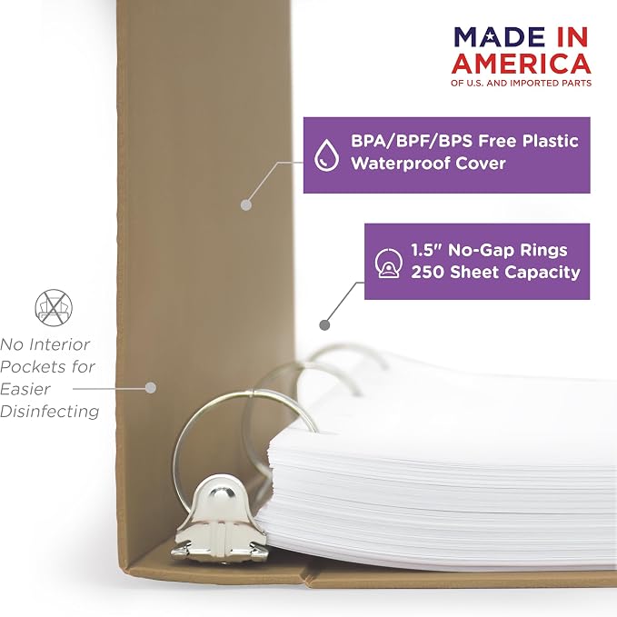 Carstens 1.5-Inch Heavy Duty 3-Ring Binder - Side Opening, Taupe, Durable Plastic, No-Gap Rings, Waterproof Covers, No Pockets, Holds 250 Letter-Size Sheets, BPA-Free, Made in USA (2046-3R) Case of 20