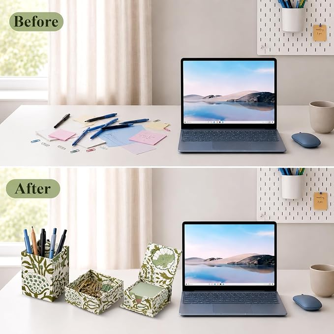 CPC Agate Green Block Print Set of 3 Desk Organizer Pen And Sticky Note Holder Cute, Aesthetic, Decor accessories, workspace organizers, Caddy Storage, Gift for Office, Professionals, Student