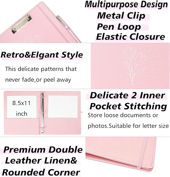 3 Ring Binder, 1 Inch Linen Binders Organizer for Letter Size (8.5" x 11") Paper with 5-Tabs Pockets Dividers, BVSSX Leather Three Ring Binders with Clipboard, Plastic Folder, Pen Loop - Pink Tulips