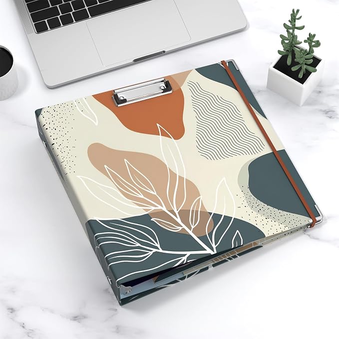 3 Ring Binder, 3 Inches Round Ring Binder with Clipboard, Dividers Tabs, PVC Zipper Bag Sleeves & to Do List Planners for Women, Men, School, Office Supplies,Boho Leaf