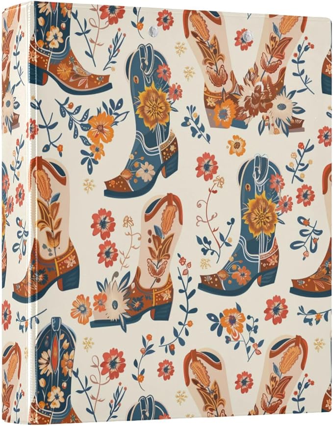 Retro Cowgirl Boots 3 Ring Binder, 1.5 Inch Round Ring Binders Clipboard Work Binders Organizer with Pockets Holds 200 Sheets for School Office 1 Pack