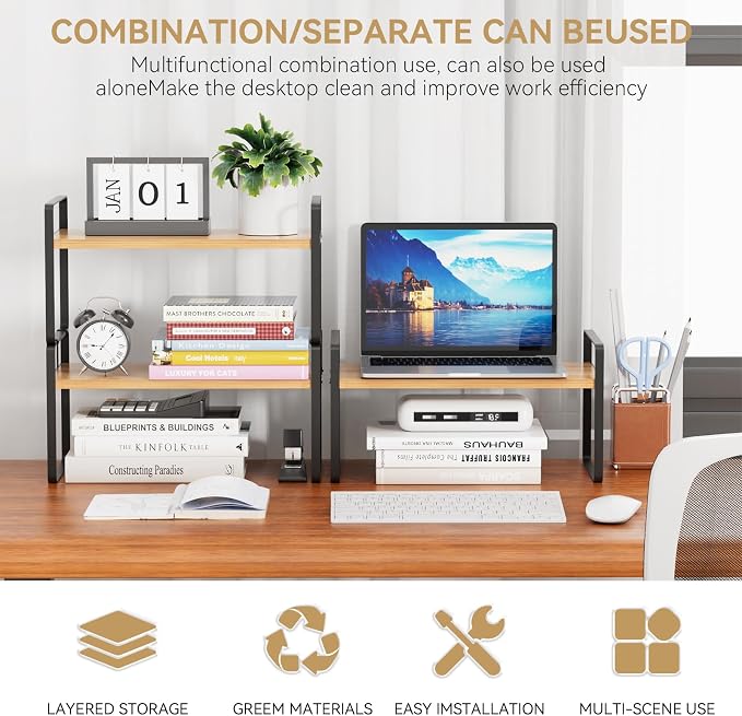 YGYQZ Desk Shelf Organizer, 2-Tier Desktop Bookshelf, Black & Wood | Detachable Design, 2-Tier Storage, Multi-Use Desktop Shelf, Compact Organization, Ideal for Office, Dorm & Home