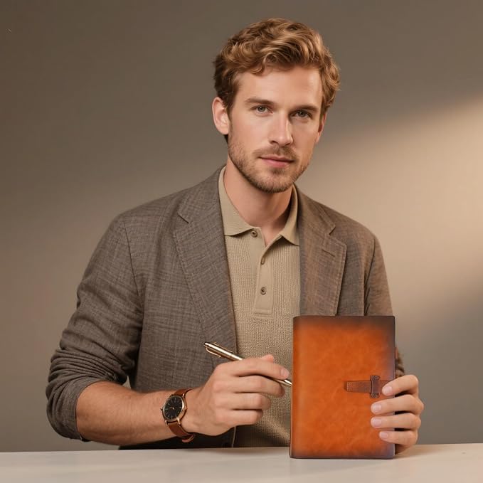 Refillable A5 Leather Binder Notebook, Reusable Leather Journal, Vintage Organizer with 6-Ring Binder, 120 Pages Lined Paper & Pocket, for Writers Business Work Study College and Daily, Light Brown