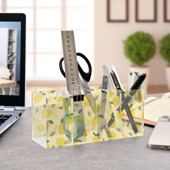 Lemon Fruit Acrylic Pen Holder 4 Compartments with Prints, Desktop Makeup Brush Organizer Cutlery Acrylic Organizer Pencil Plastic Organizer Personalized Printed Pen Holder