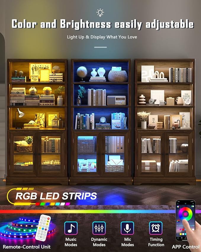 TVU 5-Tier Bookshelf, 65" Bookshelf with Multi-Color Ambient Lights (APP Remote Control), Tall Display Shelf with Cabinet Doors, Suitable for Living Room, Bedroom, Study, Office, Rustic Brown