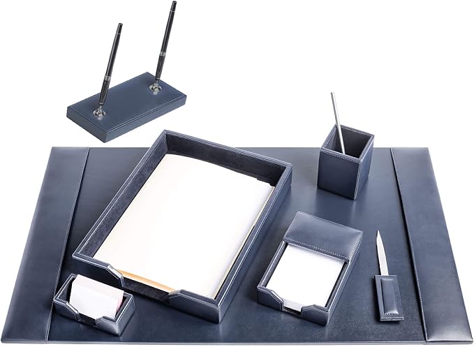 Dacasso Bonded Set Luxury Leather Desk Pad & Desk Organization Essentials, 7 Piece, Navy Blue
