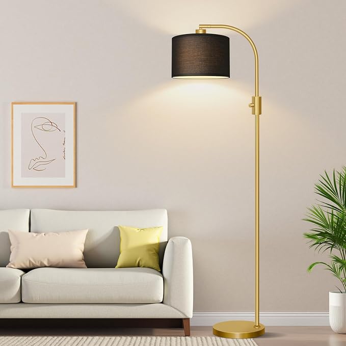 Nintiue Upgraded Modern Arc Dimmable Tall Standing Floor Lamp with Black Shade, 1200 Lumens LED Bulb Included, for Living & Reading Room, Bedroom, Office & Nursery, Gold