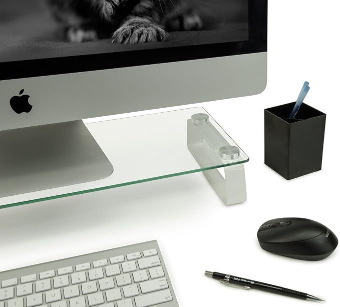 Mount-It! Glass Monitor & Laptop Riser Stand, 22", 44 lbs | Clear flat screen display stand with desktop shelf and organizer, glass and aluminum construction.