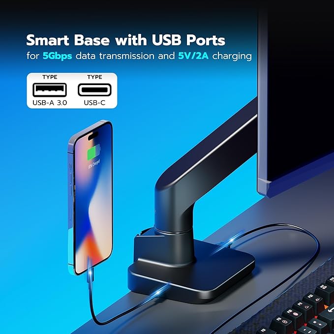 ARES WING Ultrawide Monitor Arm with USB A/C, for 17 to 49 inch Heavy Duty Screen, Holds 44 lbs, Adjustable Gas Spring Arm Desk Mount with Clamp and Grommet Base, Black