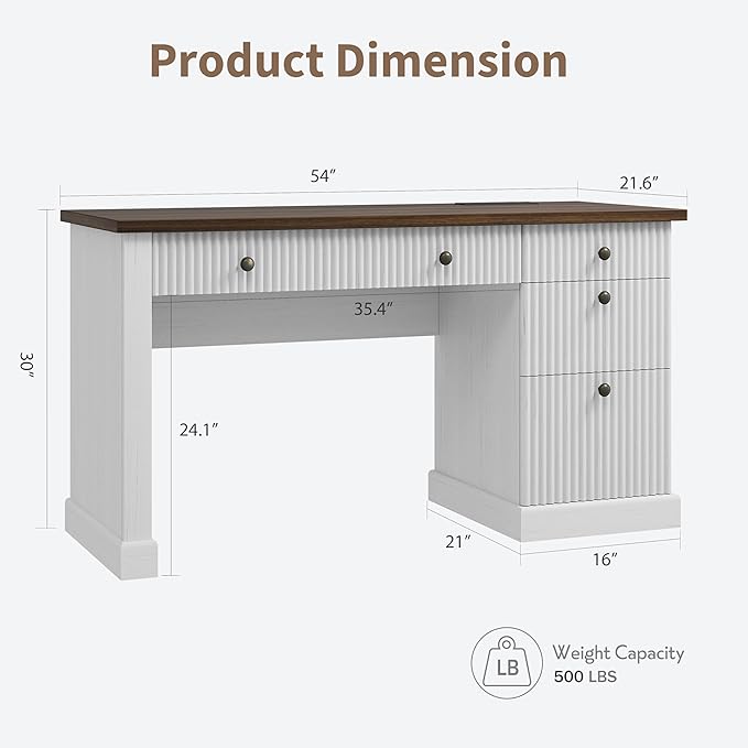 Garvee 54" Fluted Home Office Desk with File Drawer for Home Office | Modern Executive Desk with Charging Station, Wooden Compute Writing Desk for Study Room, White
