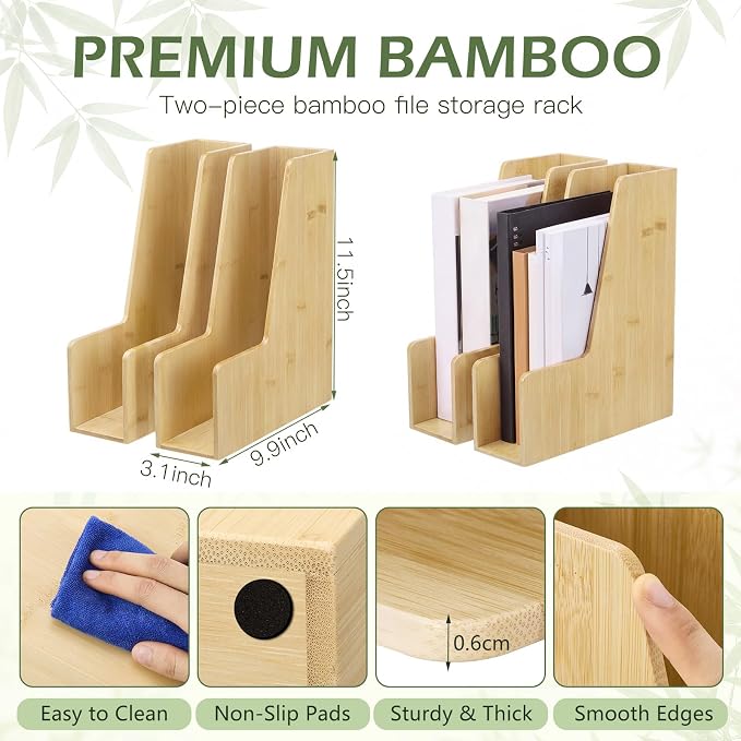 Novabright 2 Pack Bamboo Vertical Magazine File Holder, Desk Holder ＆ Storage Bins Holding for Magazines, Binders, Notebooks, Envelopes, Folders, Multi-purpose Wood Document Organizer for Home Office