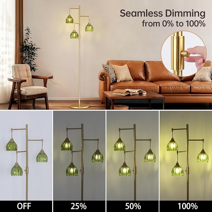 Shenmoyl Stepless Dimming Floor Lamps for Living Room, Bedroom, Gold Standing Lamp with 3pcs 6W Bulbs, Vintage Brass Floor Lamp for Corner, Nursery (Green Tulip)