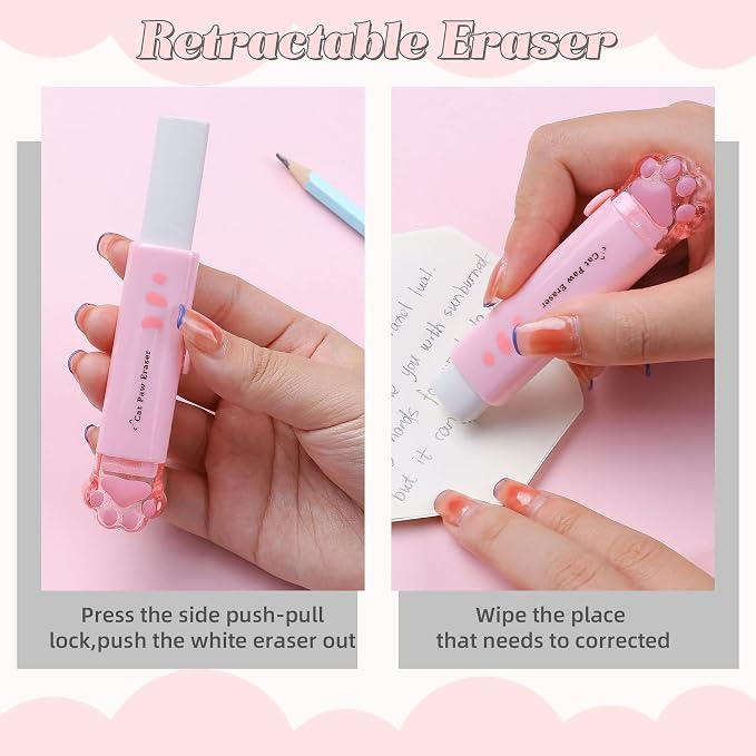 9 Pcs Cute Cat Paw Stationery Set Kawaii School Supplies Including Pencil Sharpener Retractable Eraser Correction Tape Sticky Notes Ruler Mini Scissors Utility Knife for Cat Lovers Students (Pink)