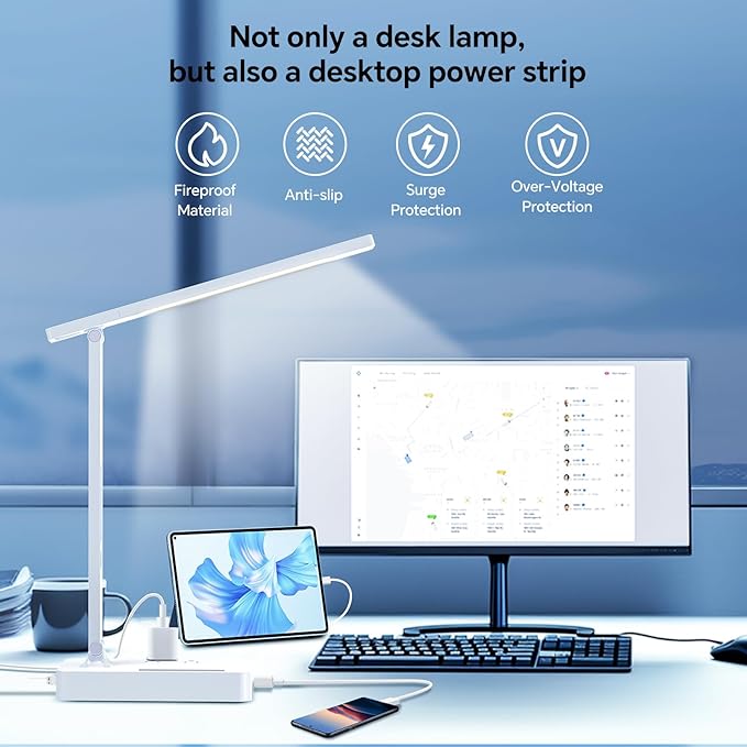 Desk Lamp with USB Charging Port: Power Strip with Surge Protection - 1 Type-C, 1 USB-A Charging Port, 2 AC Power Outlets, Desk Lamps for Home Office College Dorm Room Essentials