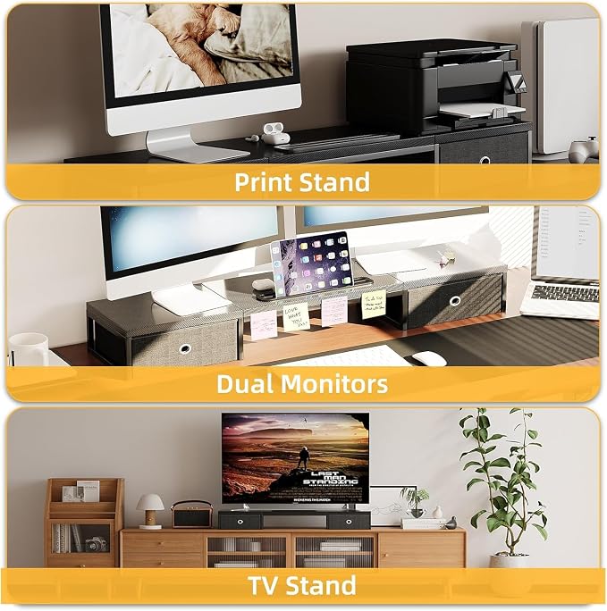 Mexin 39" Dual Monitor Stand Riser with 2 Storage Drawers, Carbon Fiber Computer Desk Organizer for 2 Monitors, Heavy Duty 100 Lbs Desktop Stand with Phone Tablet Holder for Home Office, Black