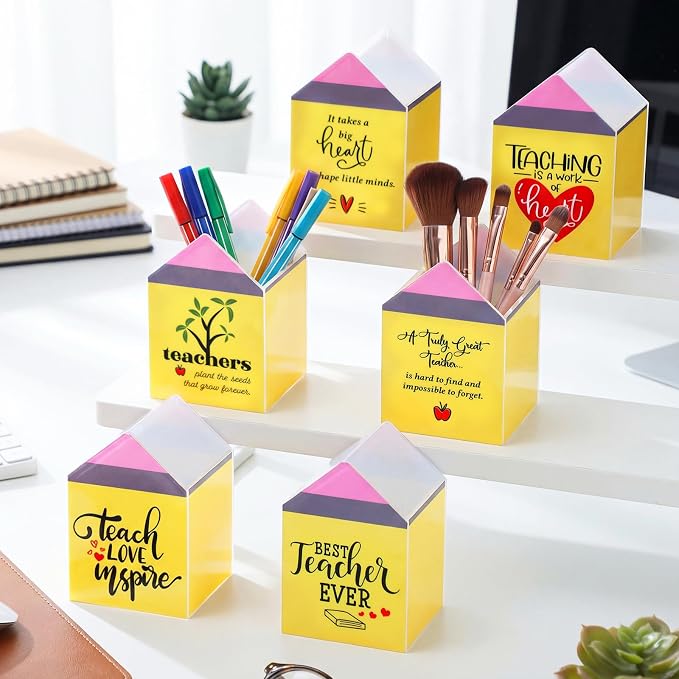 Sherr 6 Pcs Back to School Teacher Gifts Inspirational Pencil Cups Bulk | First Day of School Gifts for Teachers, Acrylic Pencil Shaped Pen Holders, Appreciation Gifts for Teachers Counselors School