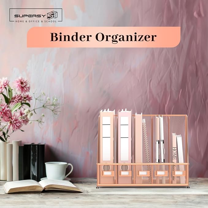 Desk Organizers Metal Desk Magazine File Holder with 5 Vertical Compartments Rack File Organizer for Office Desktop, Home Workspace, Rose Gold, Plus