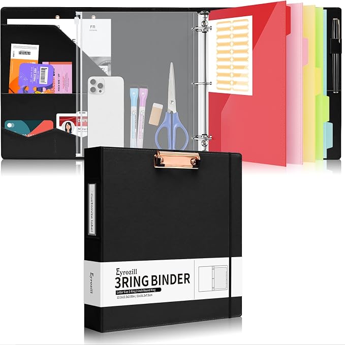 Eyrozill Professional Leather Portfolio with Clipboard, Zipper Pouch, 5 Sheets Plastic Dividers，Leather 3 Ring Binder 8.5 x 11, 2-inch Round Rings, Black