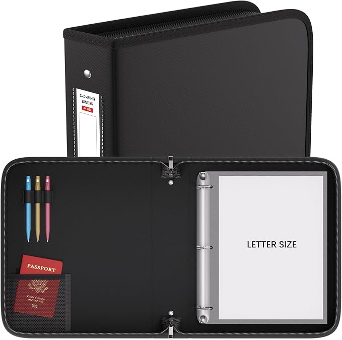Fireproof 3 Ring Binder with Zipper, 2.5" D Rings Holds 650 Sheets | Fits Letter Size,Compatible with Clear Page Protectors,Built-in Net Pouch Pen Holder,Portable Safe Storage,1 Pack,Black